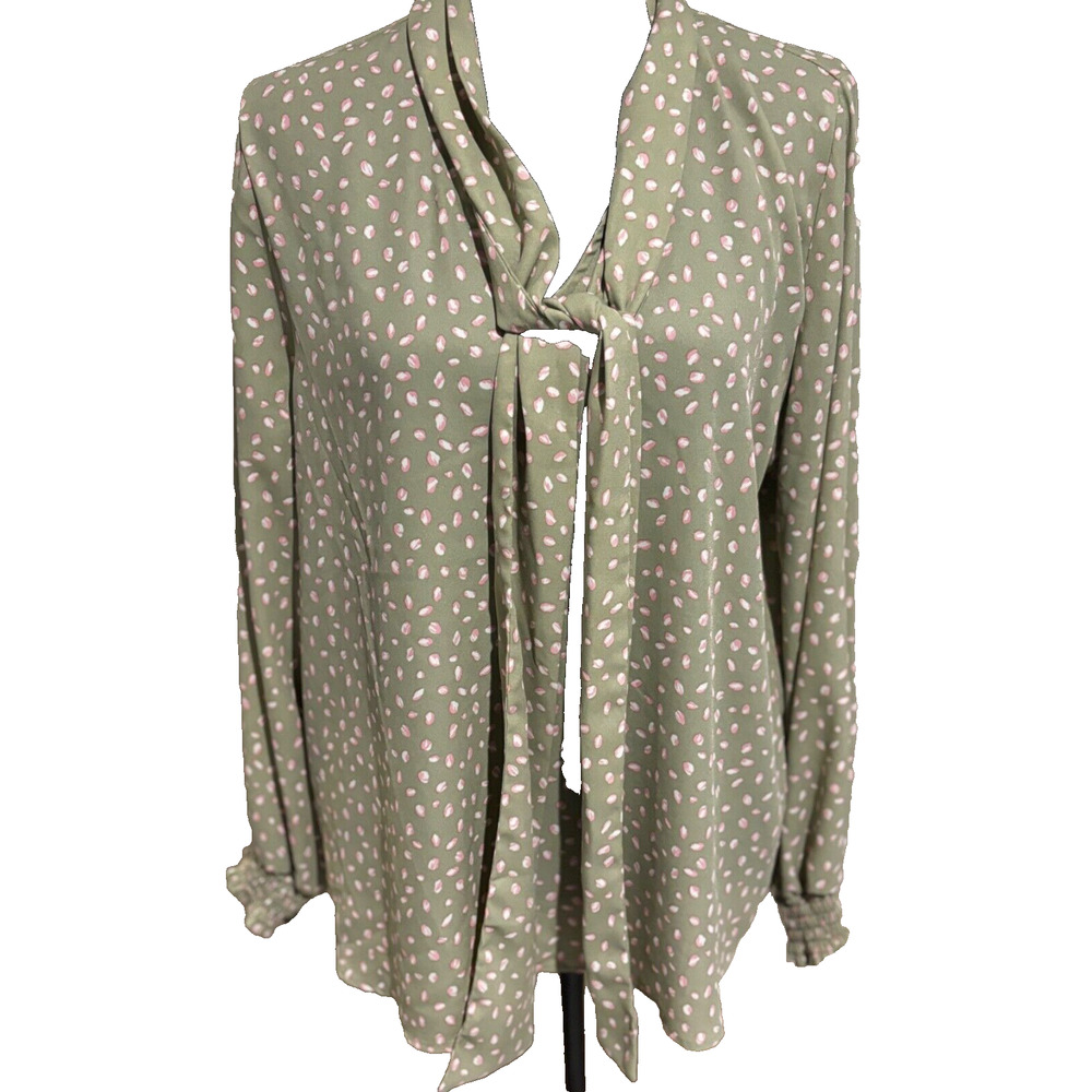 Women's Sage Green Tie-Neck Blouse with Pink Dot Print